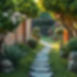 Elegant garden pathway adorned with decorative stones and lush greenery