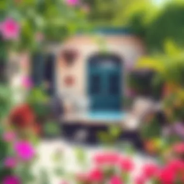 Inviting Outdoor Seating Stylish outdoor seating area surrounded by vibrant flowers and plants