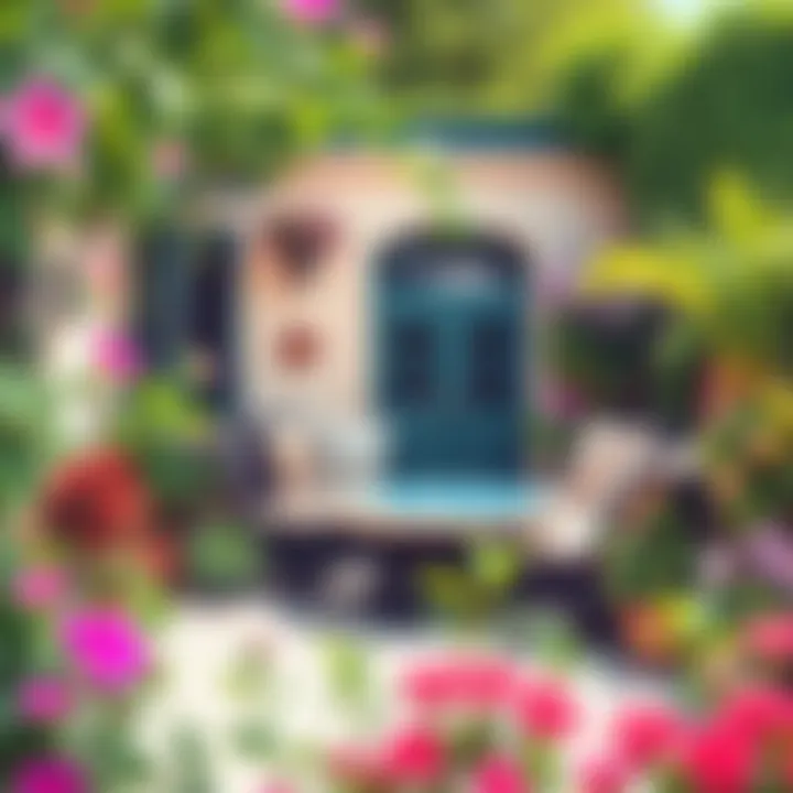 Inviting Outdoor Seating Stylish outdoor seating area surrounded by vibrant flowers and plants