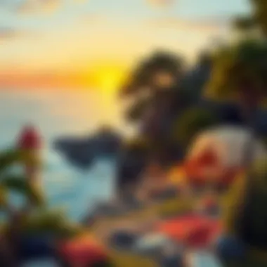 A panoramic view of a stunning coastal camping spot with the sunset