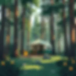 A serene campsite nestled in a forest surrounded by tall trees