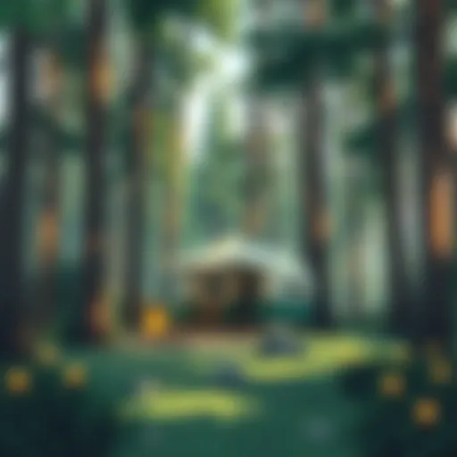A serene campsite nestled in a forest surrounded by tall trees