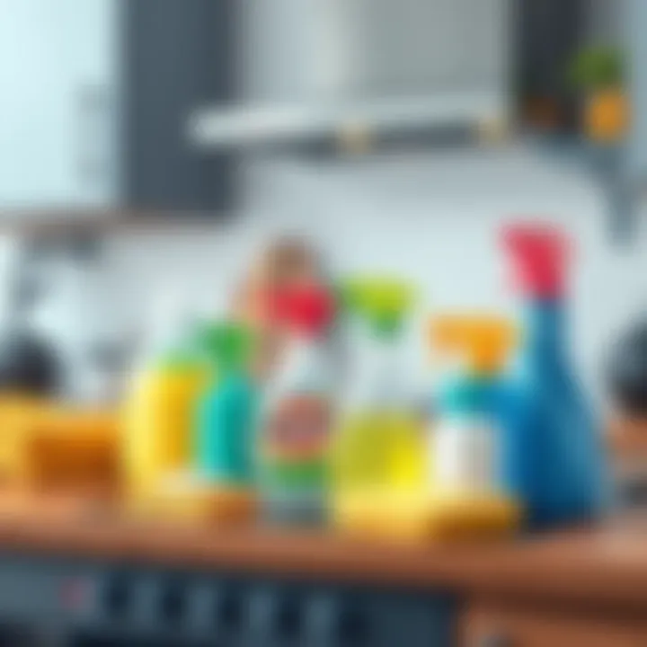 A variety of cleaning supplies on a countertop