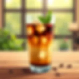 A refreshing glass of cold coffee with ice cubes and a sprig of mint.