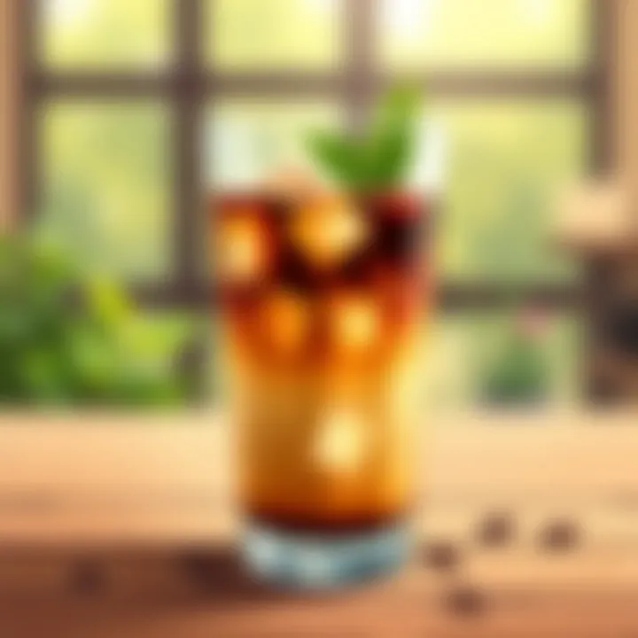 A refreshing glass of cold coffee with ice cubes and a sprig of mint.