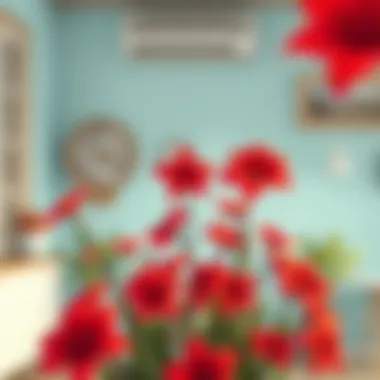 Decorative display of red flowers in an indoor environment
