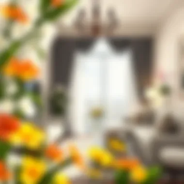 An elegant living room decorated with indoor flowers.