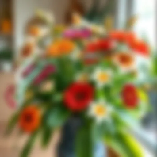 A vibrant indoor flower arrangement showcasing various species.