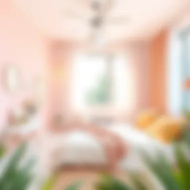 A cozy bedroom featuring soft pastel tones and warm lighting