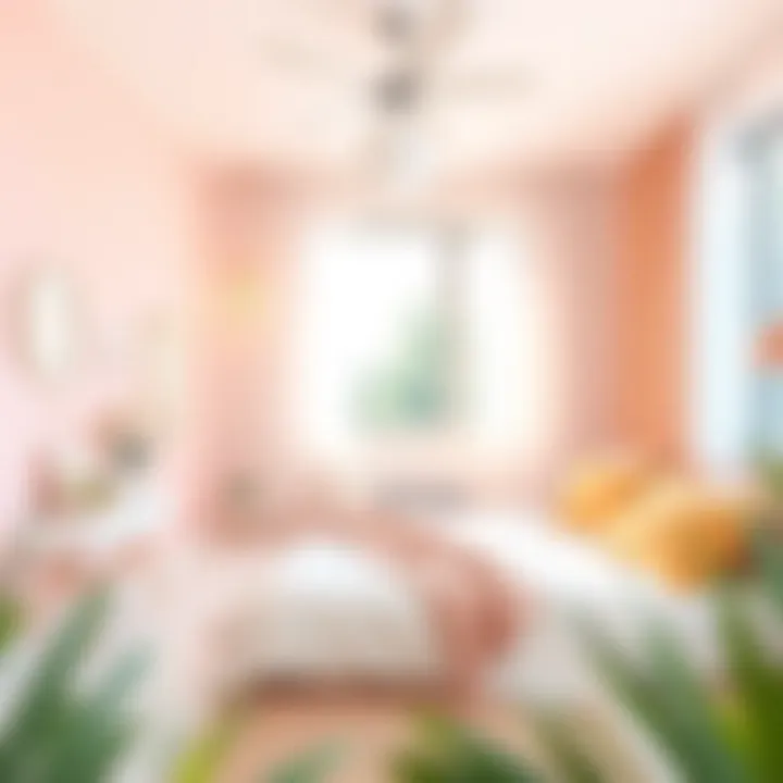 A cozy bedroom featuring soft pastel tones and warm lighting