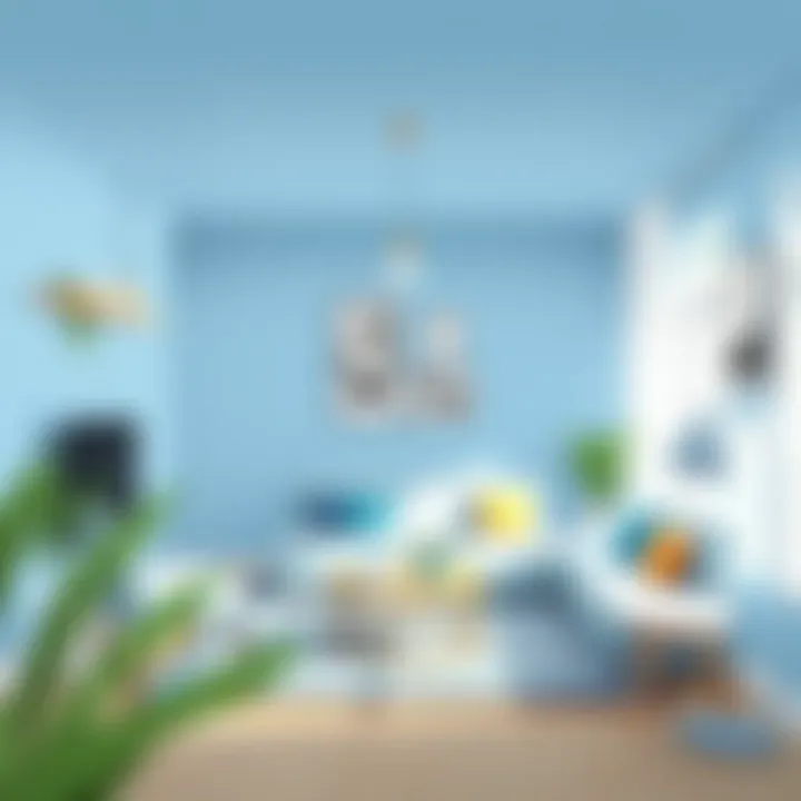 A serene living room showcasing a calming blue hue on the walls