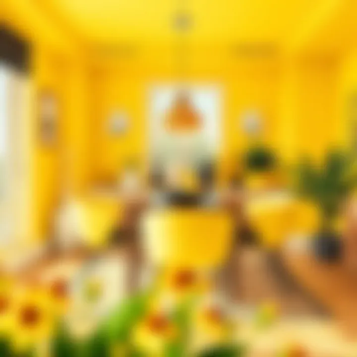 A vibrant dining area with bold yellow accents and natural light