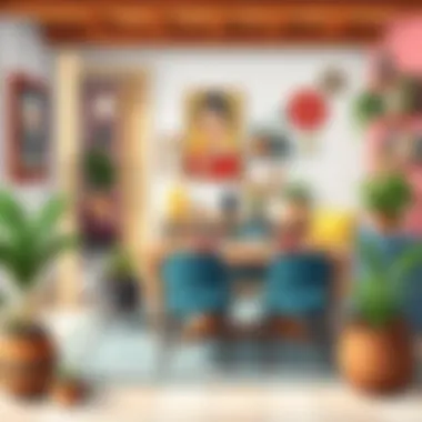 A vibrant dining area with eclectic decor and unique table settings.