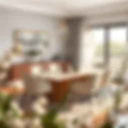 Elegant expandable dining table set in a modern living room.