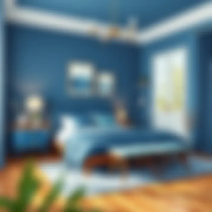 A stylish bedroom with deep blue and complementary colors