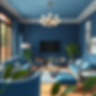 A serene living room featuring deep blue accents
