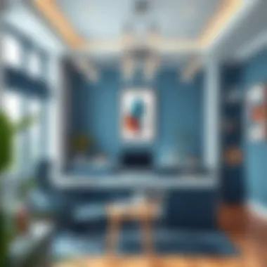 A modern office decorated with deep blue tones and accents