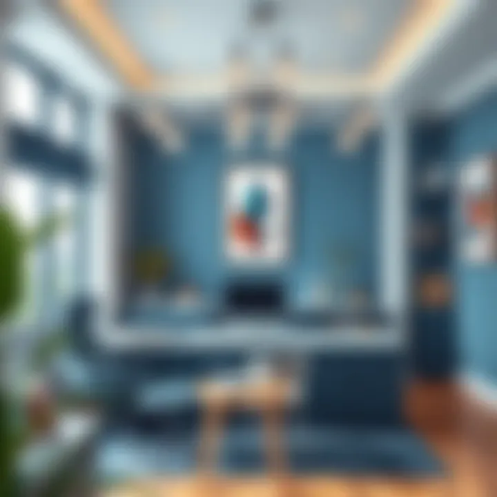 A modern office decorated with deep blue tones and accents