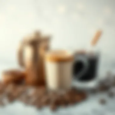 An elegant setup with ingredients for making cold coffee, including coffee beans and milk.