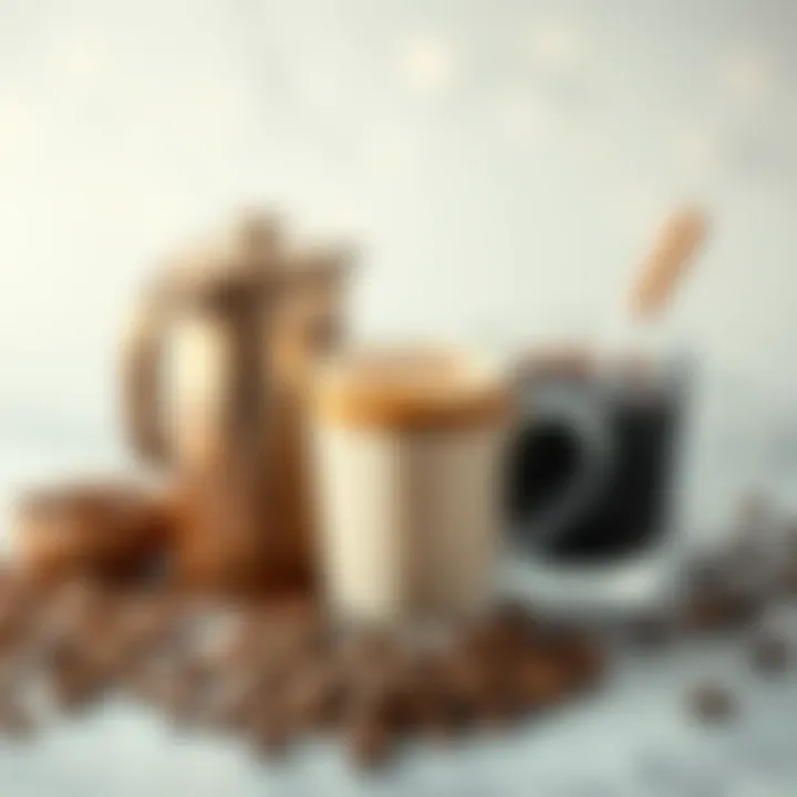 An elegant setup with ingredients for making cold coffee, including coffee beans and milk.