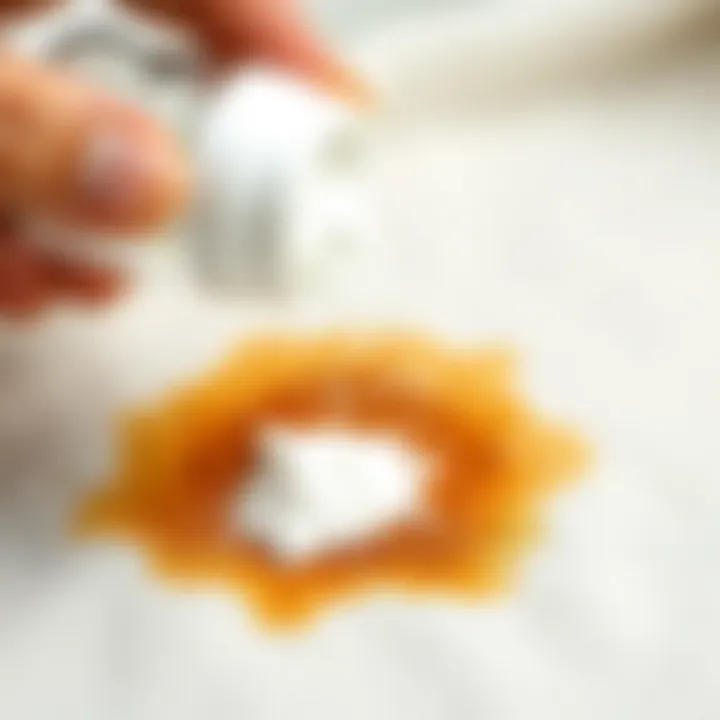 Baking soda sprinkled on a tea stain on fabric