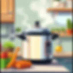 A steaming pressure cooker on a kitchen countertop