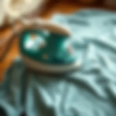 Steam iron in action on a wrinkled shirt
