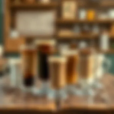 A variety of cold coffee types displayed on a wooden table.