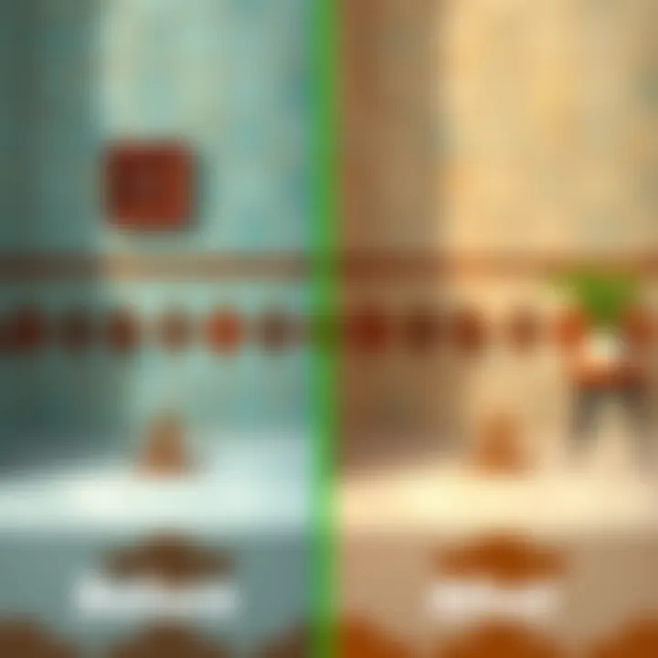 Before and after comparison of tiled surfaces painted with oil