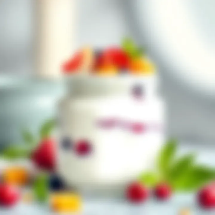 Homemade Yogurt with Toppings A glass jar of homemade yogurt with fresh fruits on top